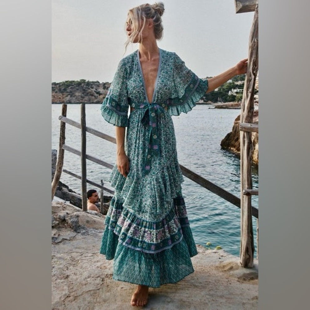 Spell Teal Floral Tiered Maxi Dress